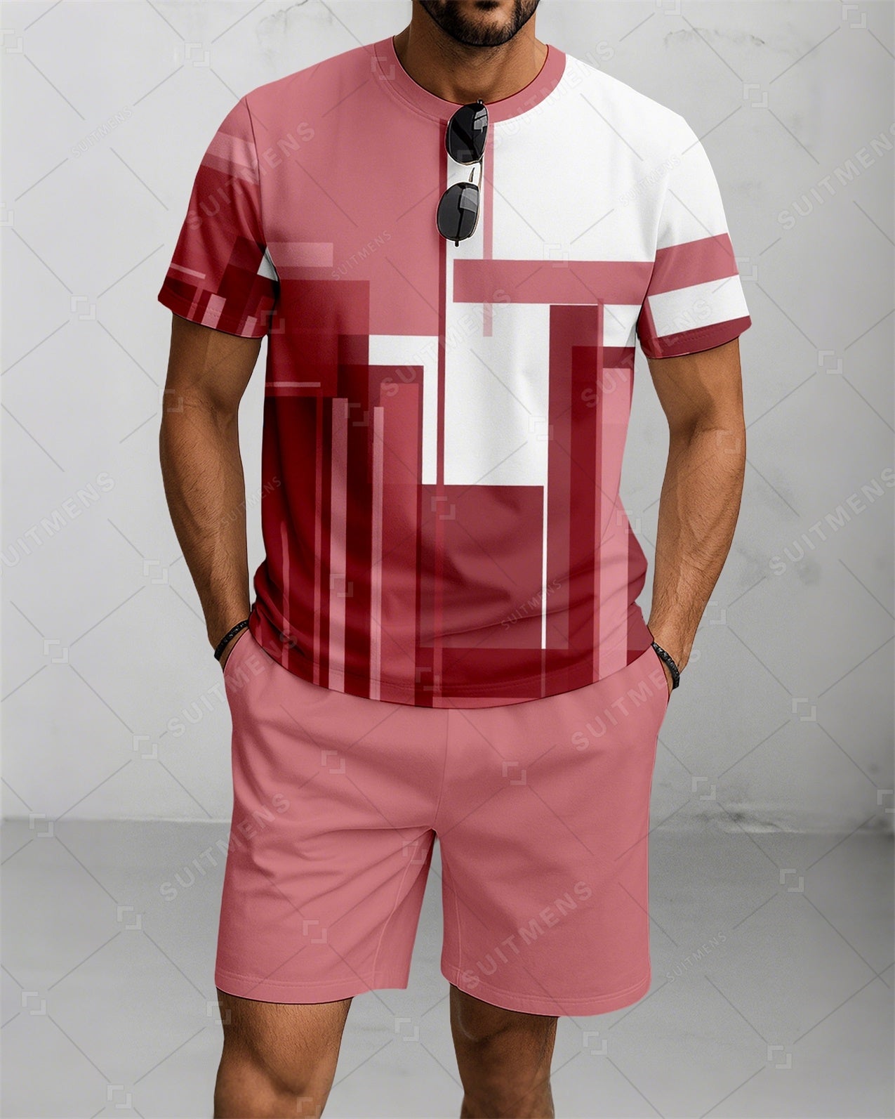 Men's Summer Colorblock Printed Round Neck Suit 085