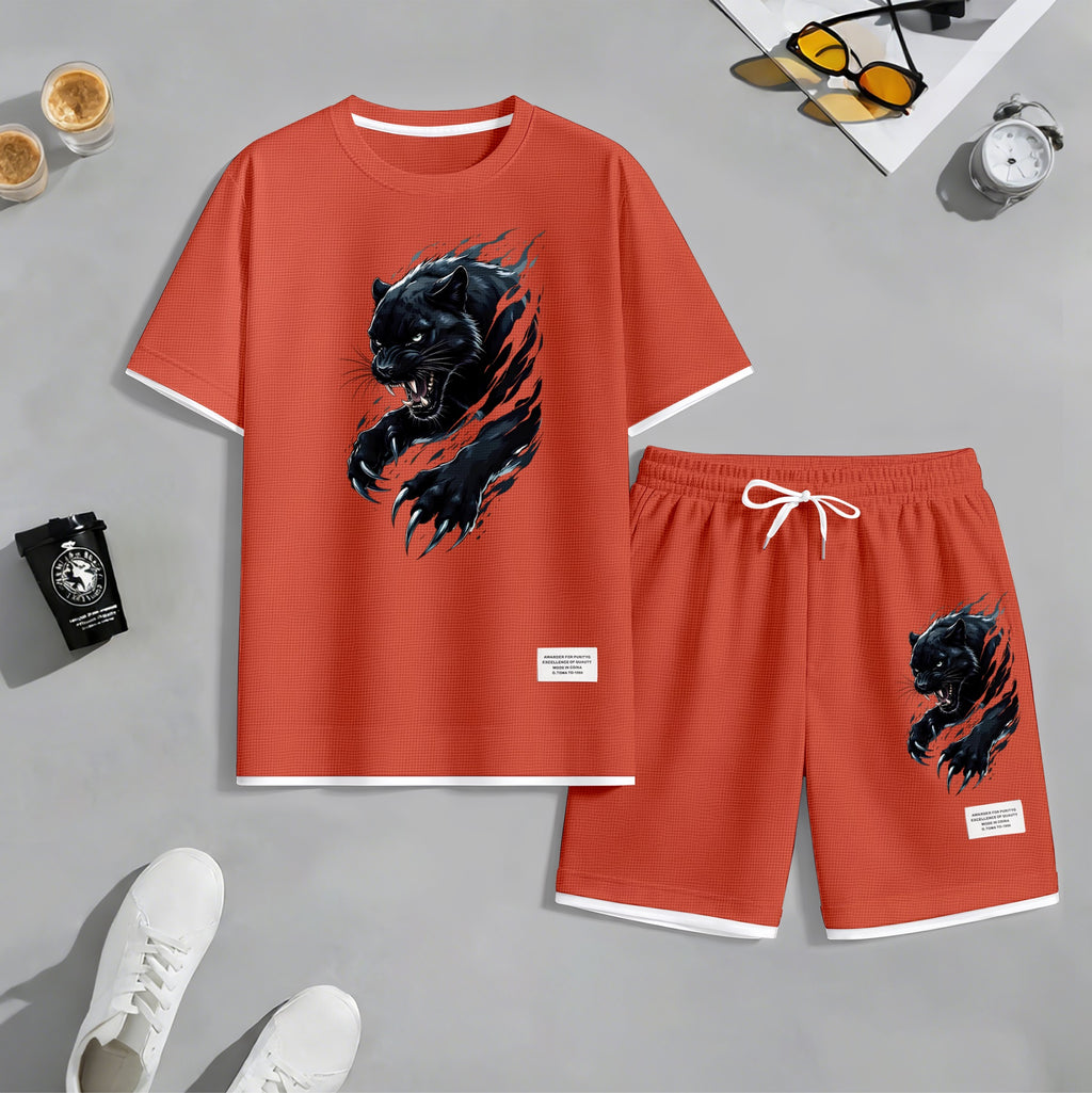 Men's Black Panther Graphic Print Waffle Short Sleeve T-Shirt & Shorts Set, Summer Lightweight Sporty Casual Two-Piece Outfit, Streetwear for Gym & Daily Wear