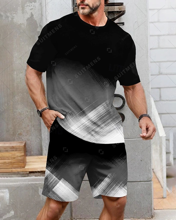 Men's Summer Color Matching Print Round Neck Set 232