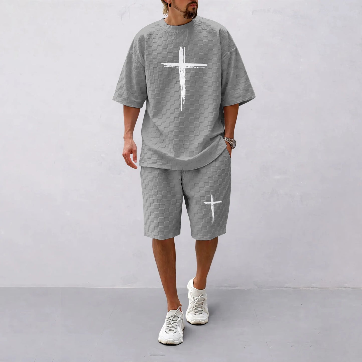 Men's Spring and Summer Cross Print Checkered Fabric Drawstring Shorts Set, Casual Summer Outfit with Short-Sleeved Shirt and Shorts, Ideal for Everyday Wear and Sports Activities