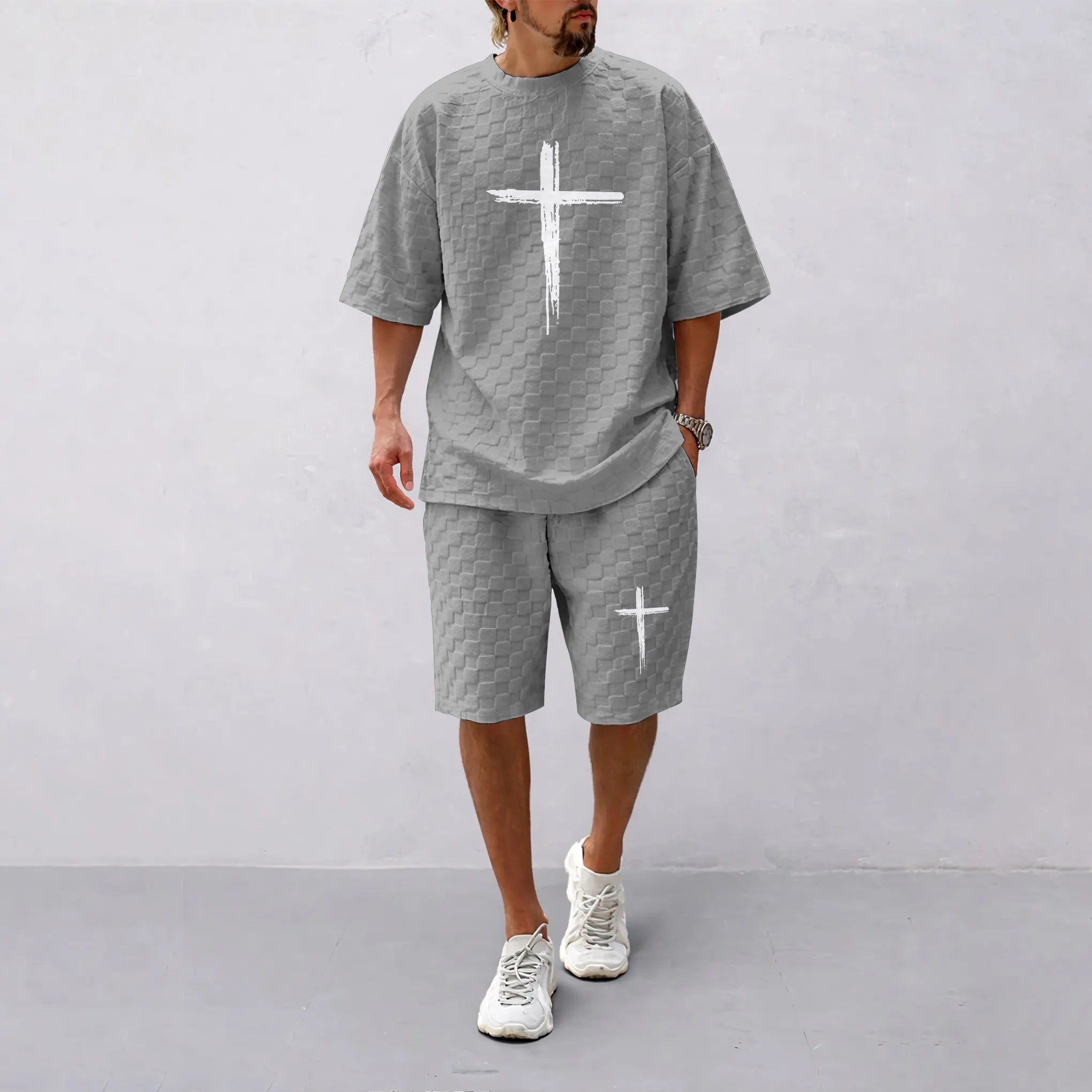 Men's Spring and Summer Cross Print Checkered Fabric Drawstring Shorts Set, Casual Summer Outfit with Short-Sleeved Shirt and Shorts, Ideal for Everyday Wear and Sports Activities