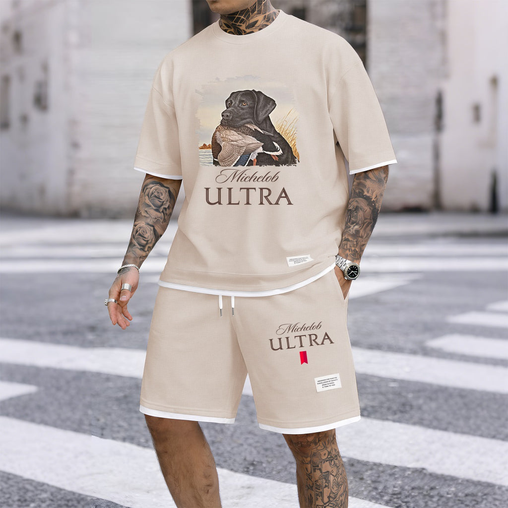 Men's Outdoor Hunting Black Dog Print Waffle Fabric Short-Sleeved Shirt And Shorts Set
