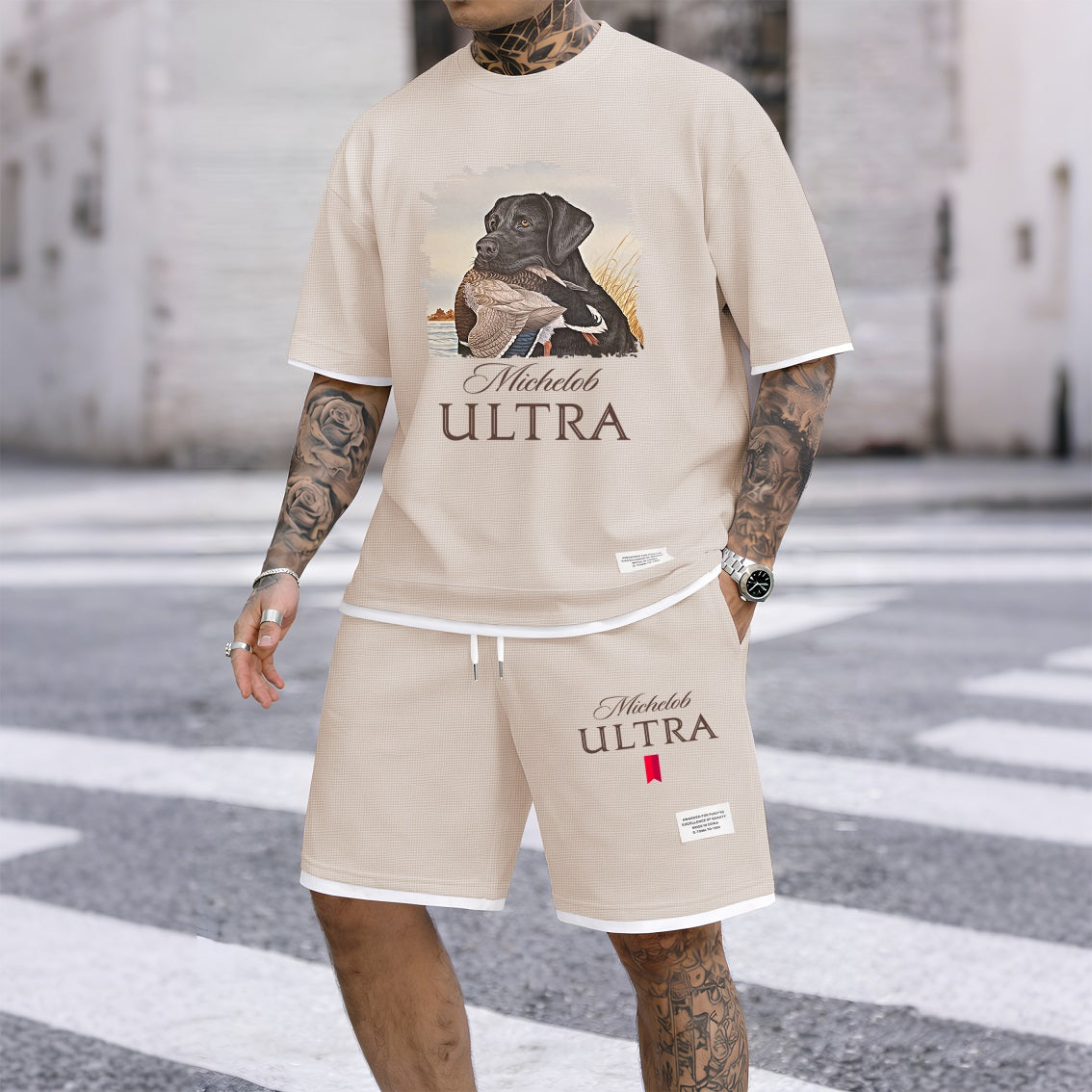 Men's Outdoor Hunting Black Dog Print Waffle Fabric Short-Sleeved Shirt And Shorts Set