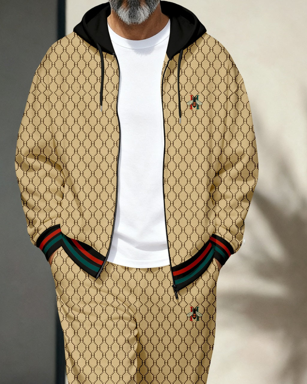Men's Retro Luxury Thickened Fleece Colorblock Jacket Sports Hoodie Set 08