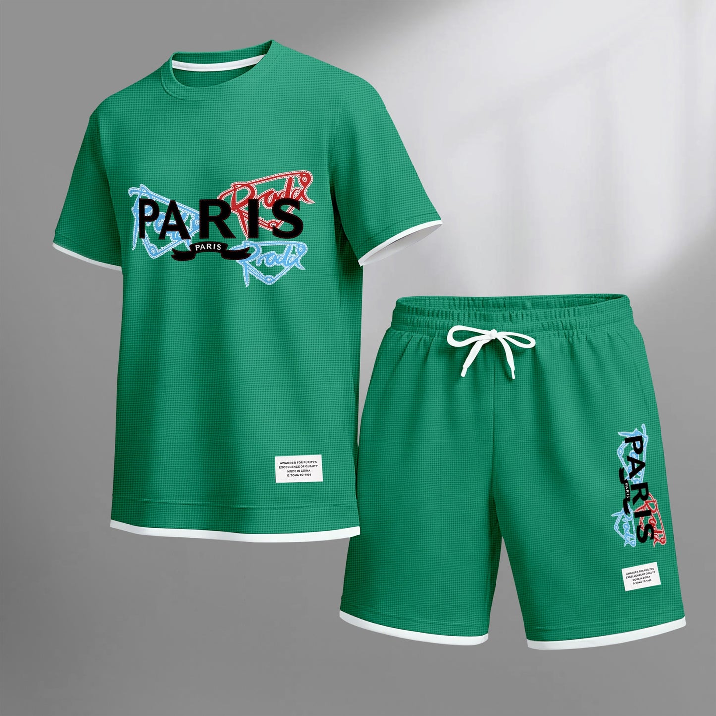Men's PARIS Red & Blue Graffiti Letter Print Short Sleeve T-Shirt & Shorts Set, Summer Lightweight Waffle Sporty Casual Two-Piece Outfit, Streetwear for Gym & Daily Wear