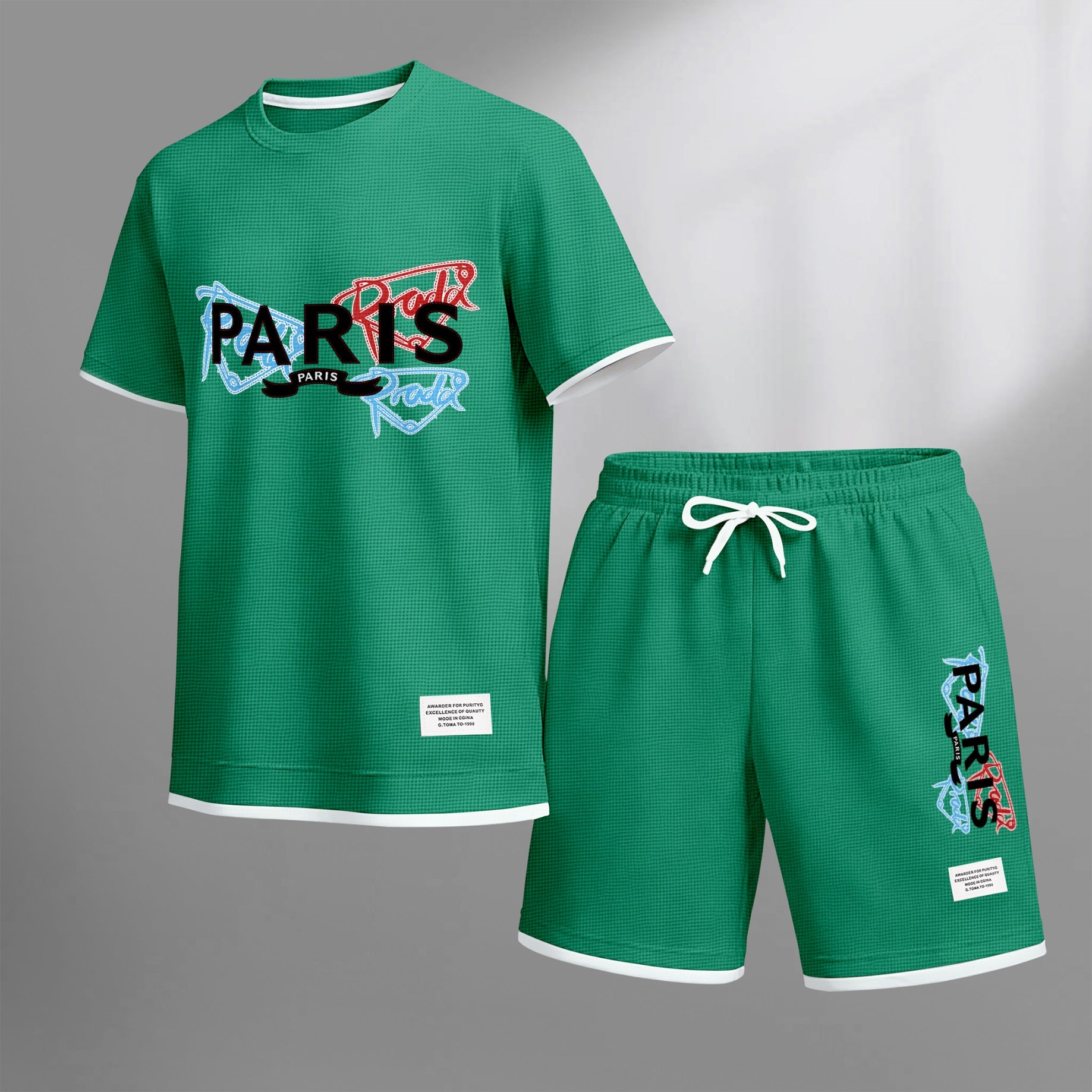 Men's PARIS Red & Blue Graffiti Letter Print Short Sleeve T-Shirt & Shorts Set, Summer Lightweight Waffle Sporty Casual Two-Piece Outfit, Streetwear for Gym & Daily Wear