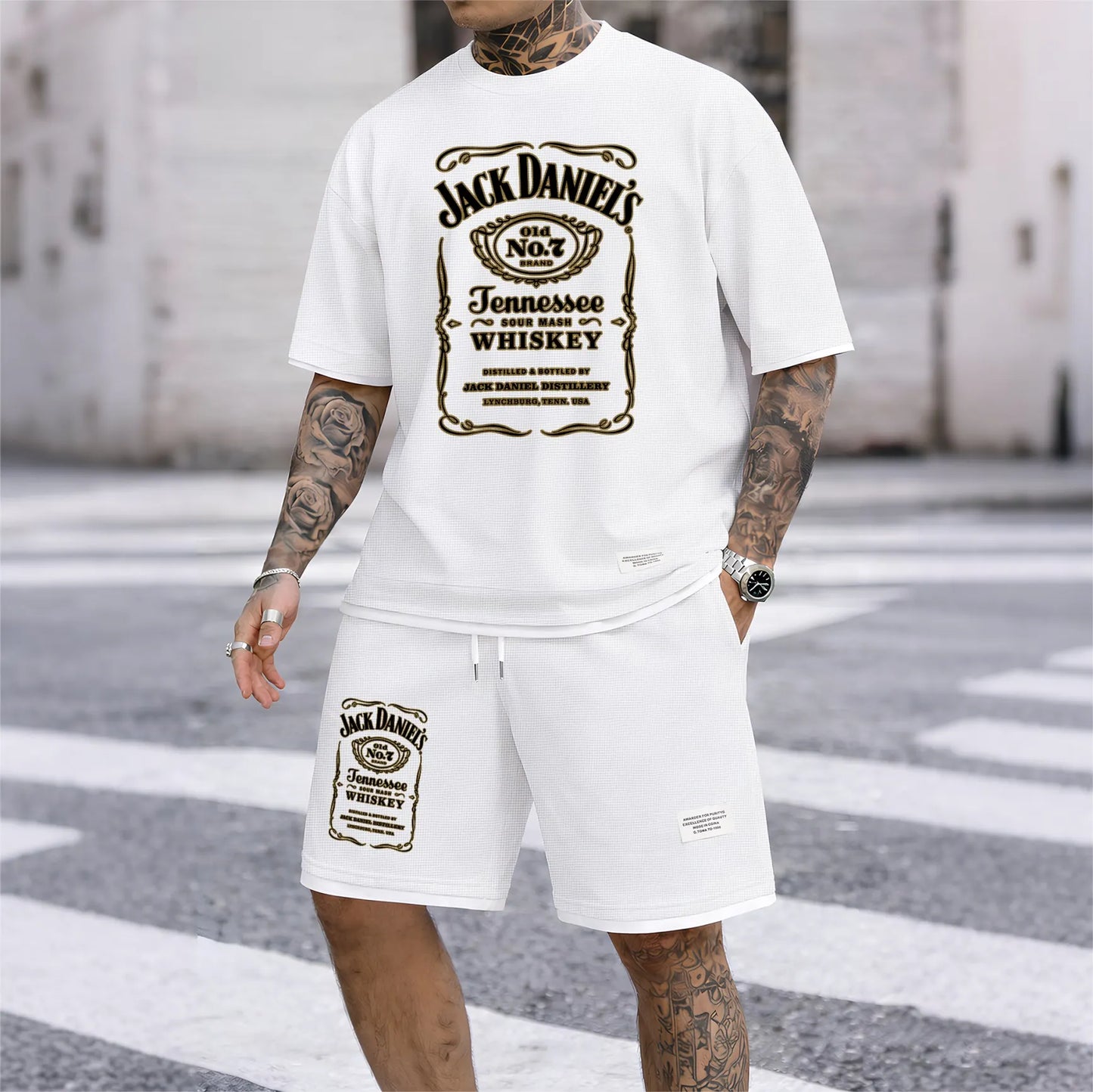 Men's Beer And Beverage Printed Drawstring Shorts Set, Suitable For Spring And Summer Wear, Casual Summer Set, Including Short-Sleeved Shirt And Shorts, Suitable For Everyday Wear And Sports 03