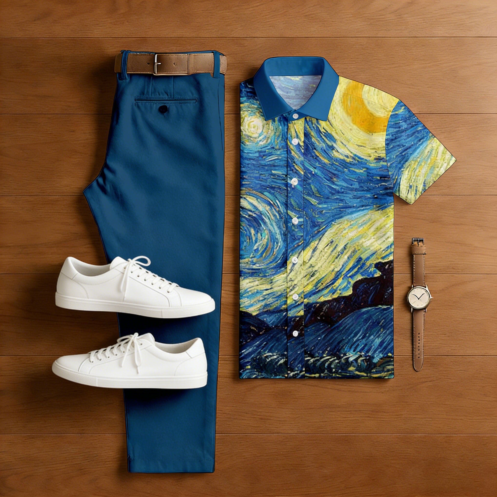 Men's Casual Blue Abstract Printed Polo Shirt And Trousers Two-Piece Set