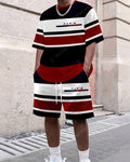 Men's Summer Colorblock Printed Round Neck Set 390