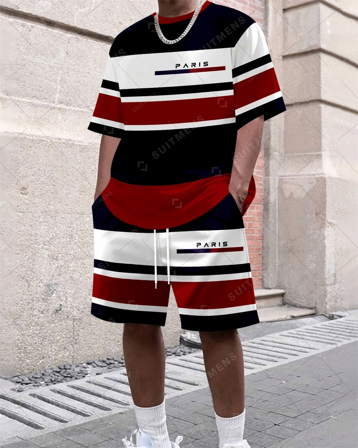 Men's Summer Colorblock Printed Round Neck Set 390