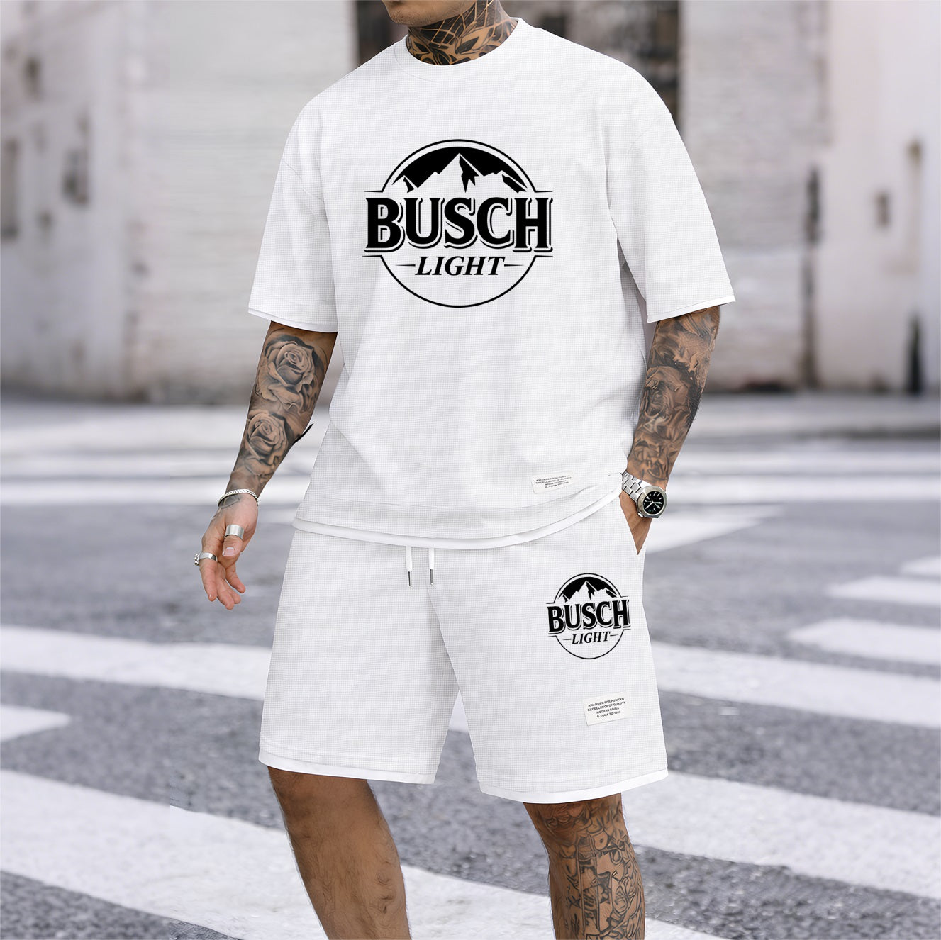 Men's Light Beer Lover Print Waffle Fabric Short-Sleeved Shirt And Shorts Set