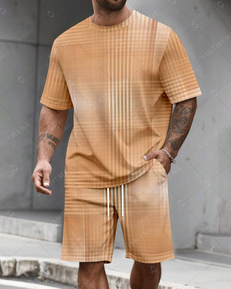 Men's Summer Colorblock Printed Round Neck Set 293
