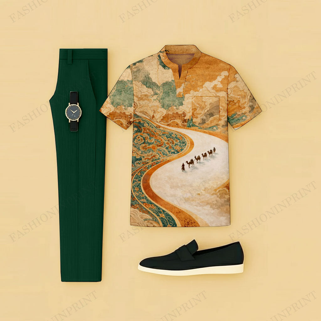 Men's Casual Yellow Path Printed Short-Sleeve T-Shirt And Pants Two-Piece Set