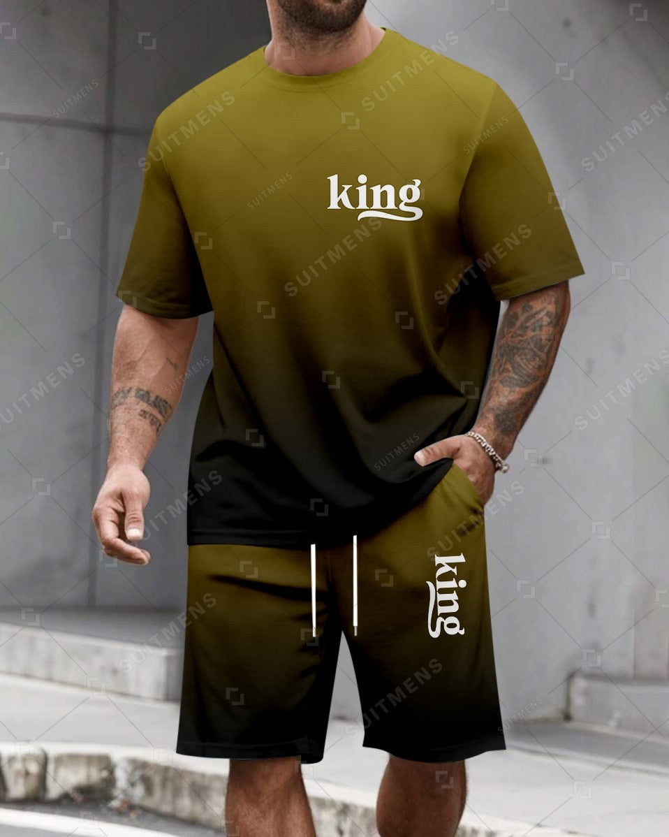 Men's Summer Colorblock Printed Round Neck Set 474