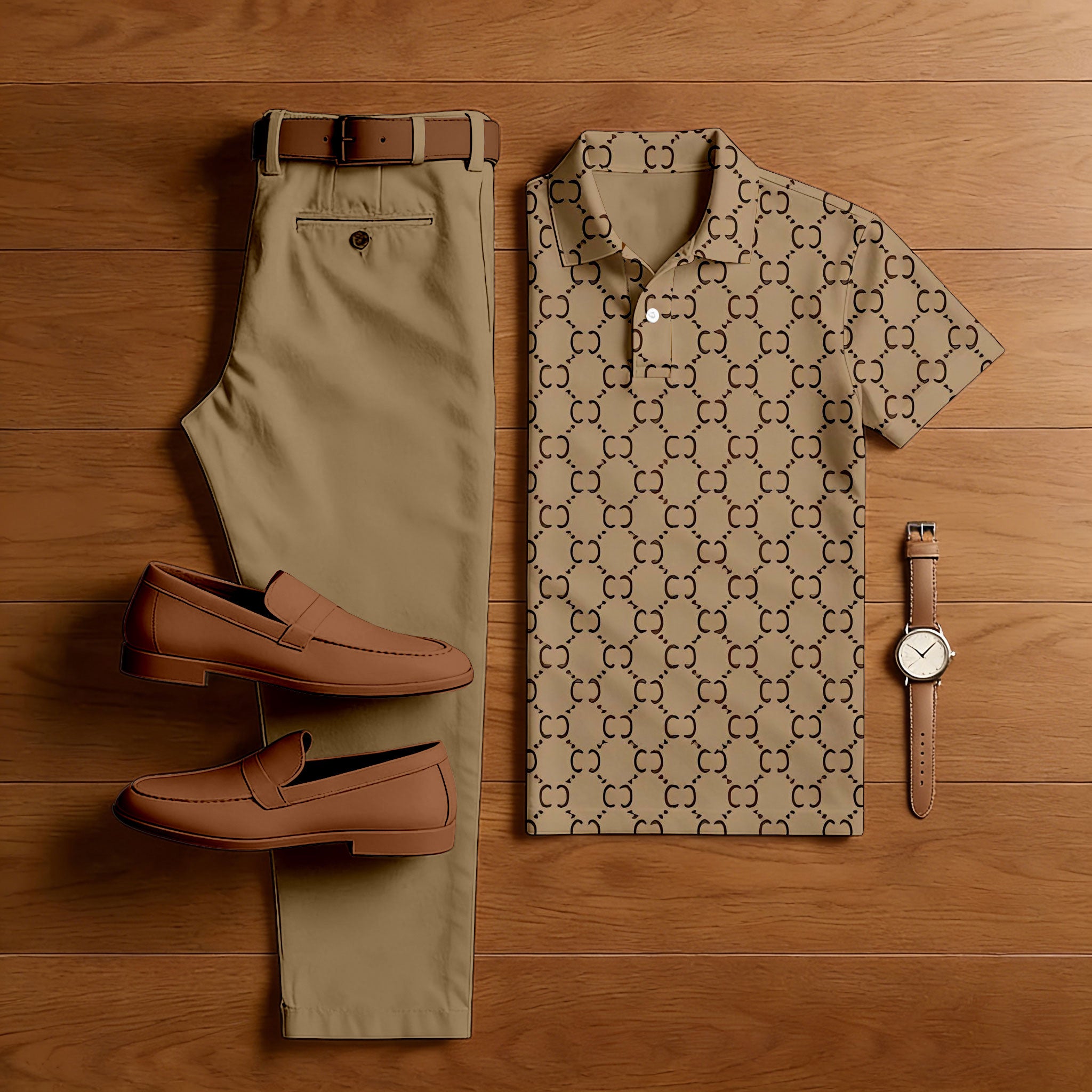 Men's Casual Coffee Color Matching Vintage Printed Short Sleeved Polo Shirt & Trousers Two-Piece Set