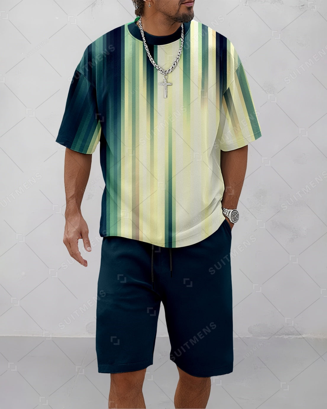 Men's Summer Colorblock Printed Round Neck Suit 079