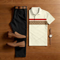 Men's Casual Off-White Checkered Printed Polo Shirt And Pants Two-Piece Set