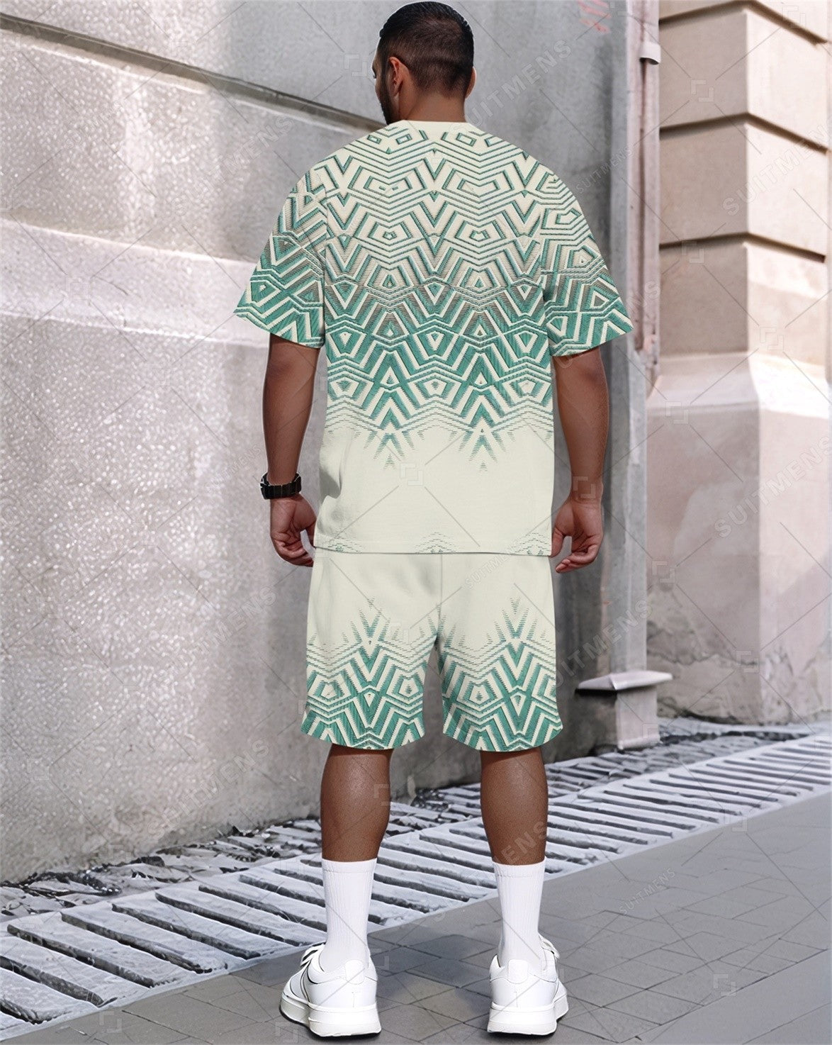 Men's Summer Gradient Print Round Neck Set 372