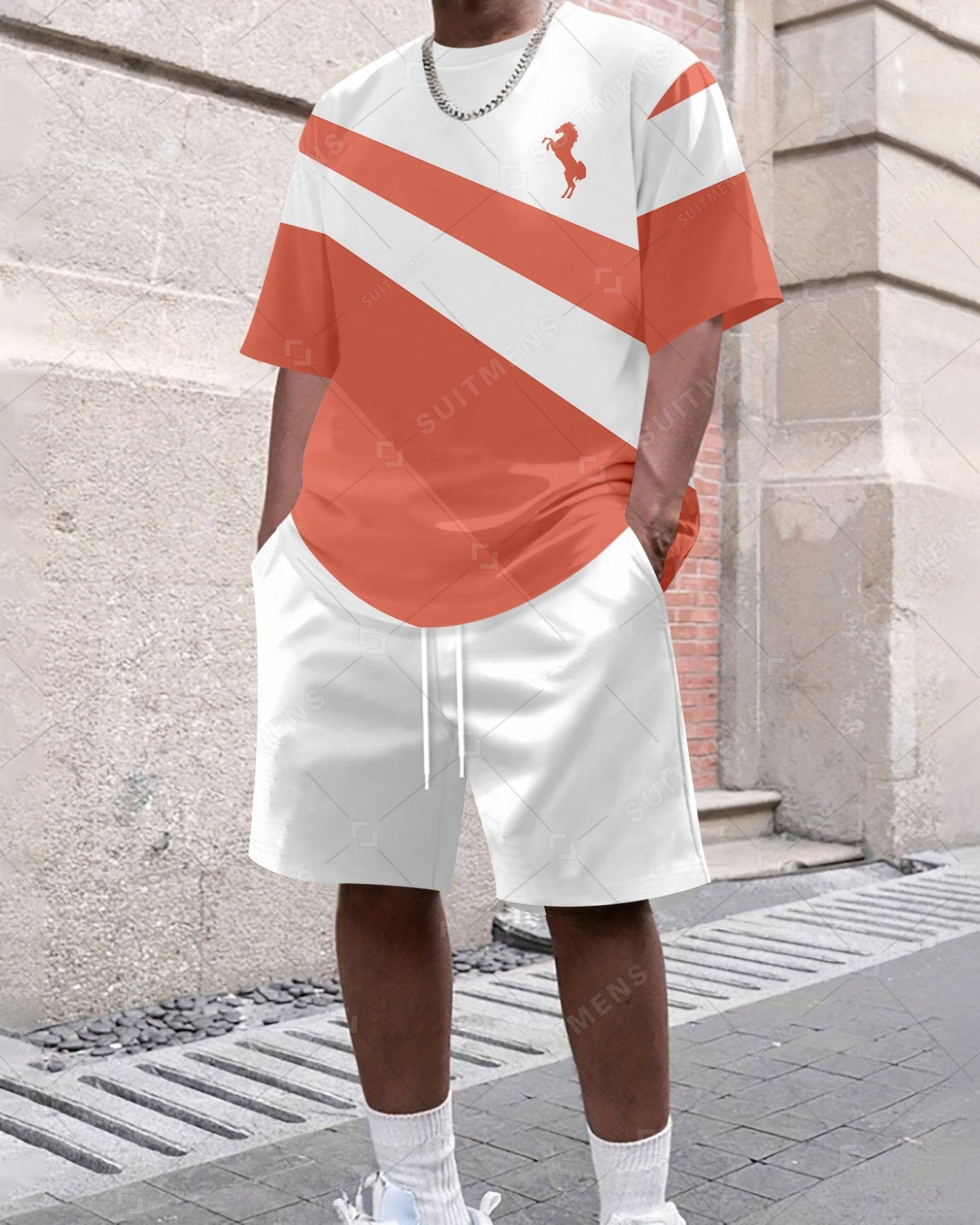 Men's Summer Colorblock Printed Round Neck Set 415