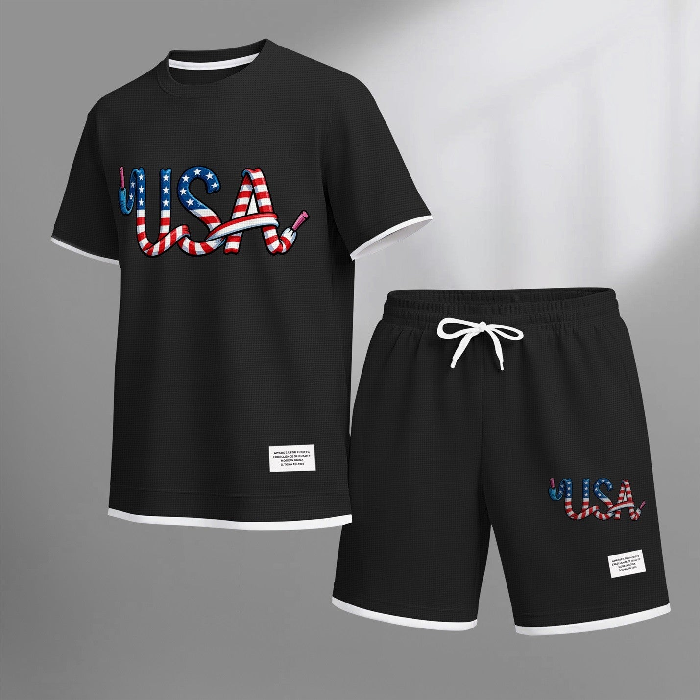 Men's USA print drawstring shorts set for spring/summer, a casual summer outfit including a short-sleeved shirt and shorts, suitable for everyday wear and sports. A two-piece set for a relaxed and energetic lifestyle.