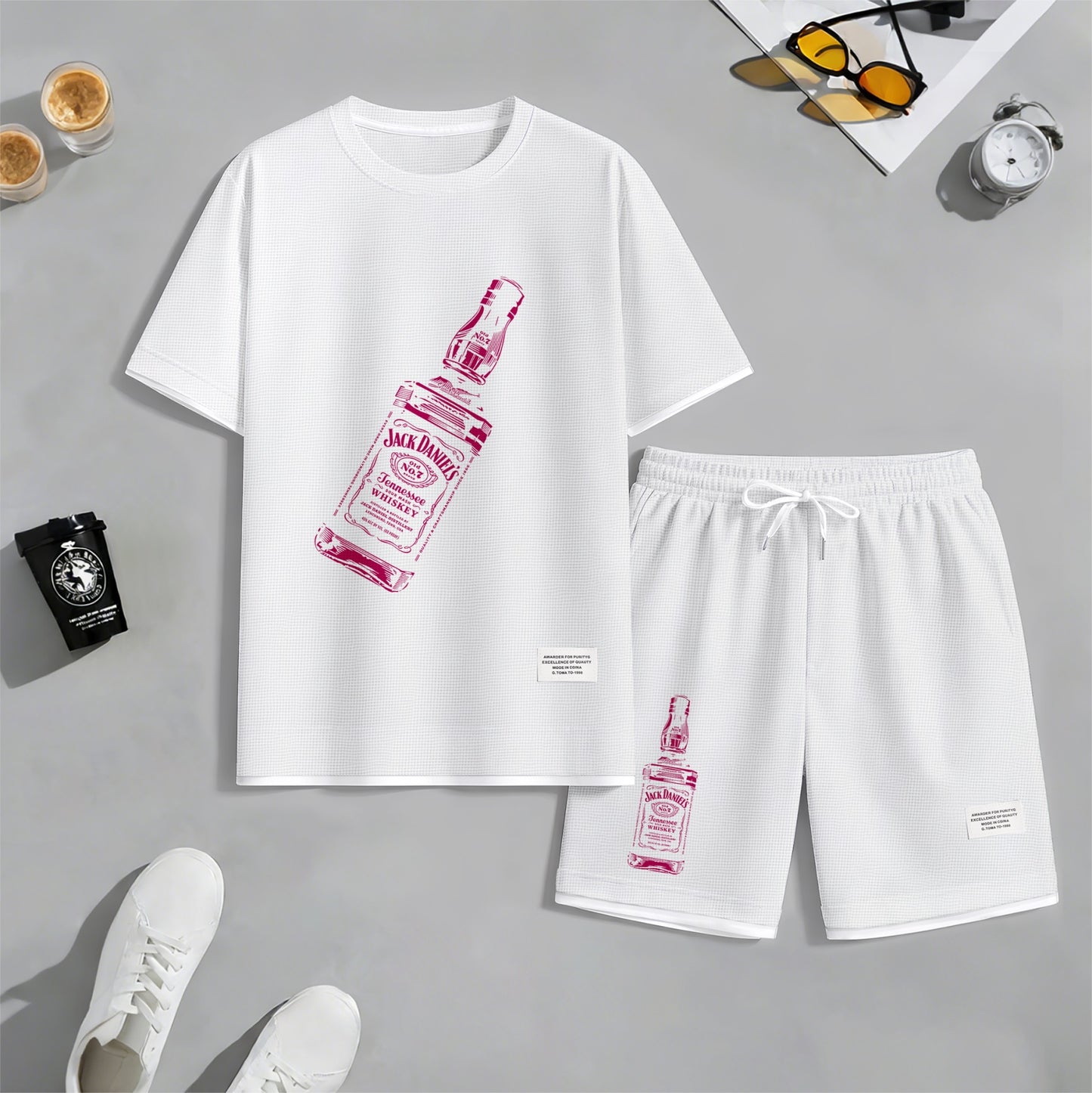 Men's Beer And Beverage Printed Drawstring Shorts Set, Suitable For Spring And Summer Wear, Casual Summer Set, Including Short-Sleeved Shirt And Shorts, Suitable For Everyday Wear And Sports 07