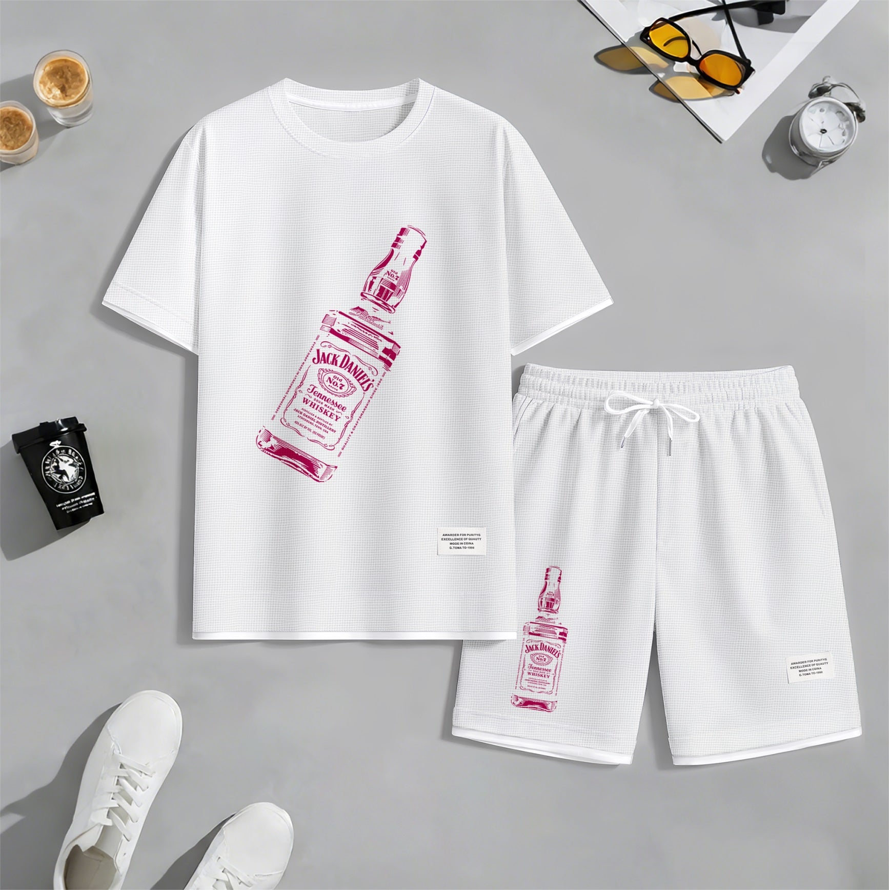 Men's Beer And Beverage Printed Drawstring Shorts Set, Suitable For Spring And Summer Wear, Casual Summer Set, Including Short-Sleeved Shirt And Shorts, Suitable For Everyday Wear And Sports 07