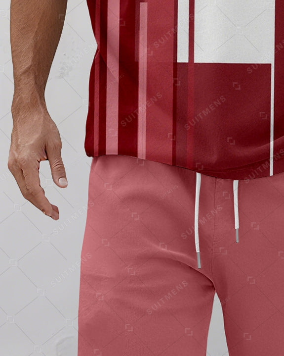 Men's Summer Colorblock Printed Round Neck Suit 085