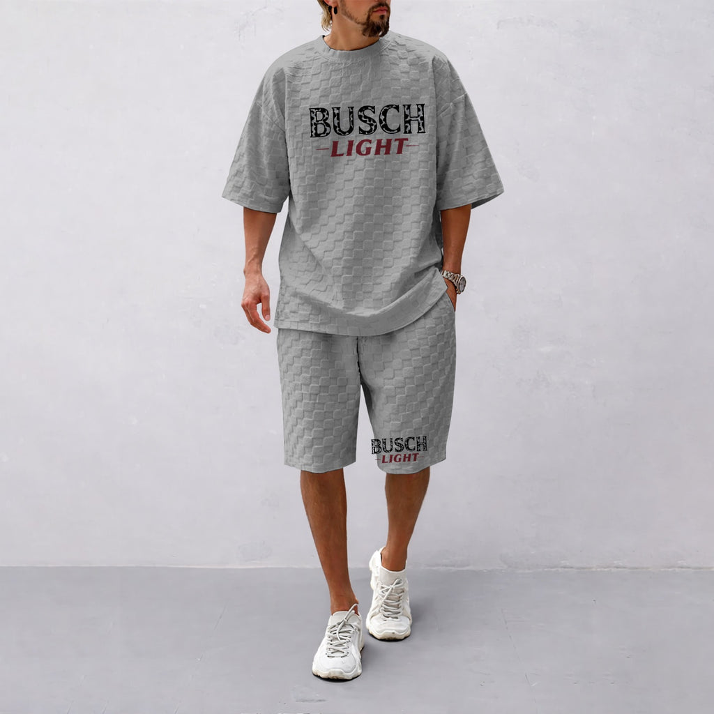 Men's Spring And Summer Classic Beer Print With Red And Black Line Checkered Fabric Drawstring Shorts Set, Casual Summer Outfit With Short-Sleeved Shirt And Shorts, Ideal For Everyday Wear And Sports Activities