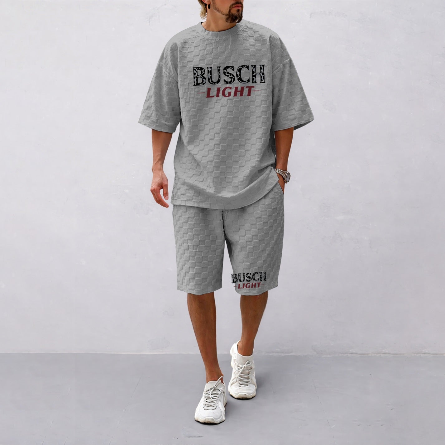 Men's Spring And Summer Classic Beer Print With Red And Black Line Checkered Fabric Drawstring Shorts Set, Casual Summer Outfit With Short-Sleeved Shirt And Shorts, Ideal For Everyday Wear And Sports Activities