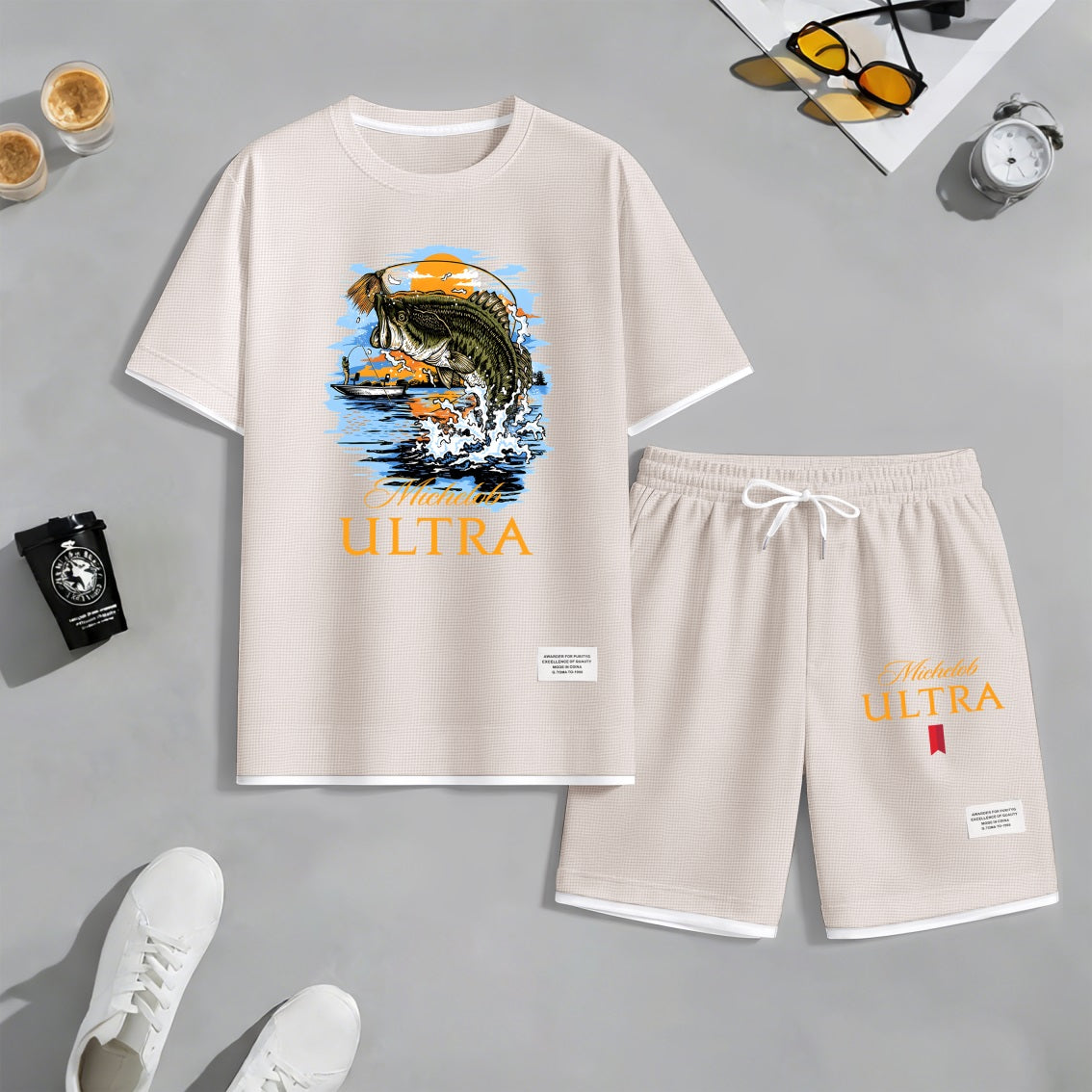 Men's Largemouth Bass Fishing Beer Print Waffle Fabric Short-Sleeved Shirt And Shorts Set