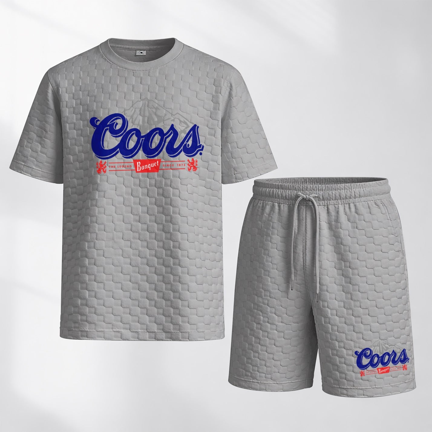 Men's Spring And Summer Vintage Beer Print With Red And Black Line Checkered Fabric Drawstring Shorts Set, Casual Summer Outfit With Short-Sleeved Shirt And Shorts, Ideal For Everyday Wear And Sports Activities