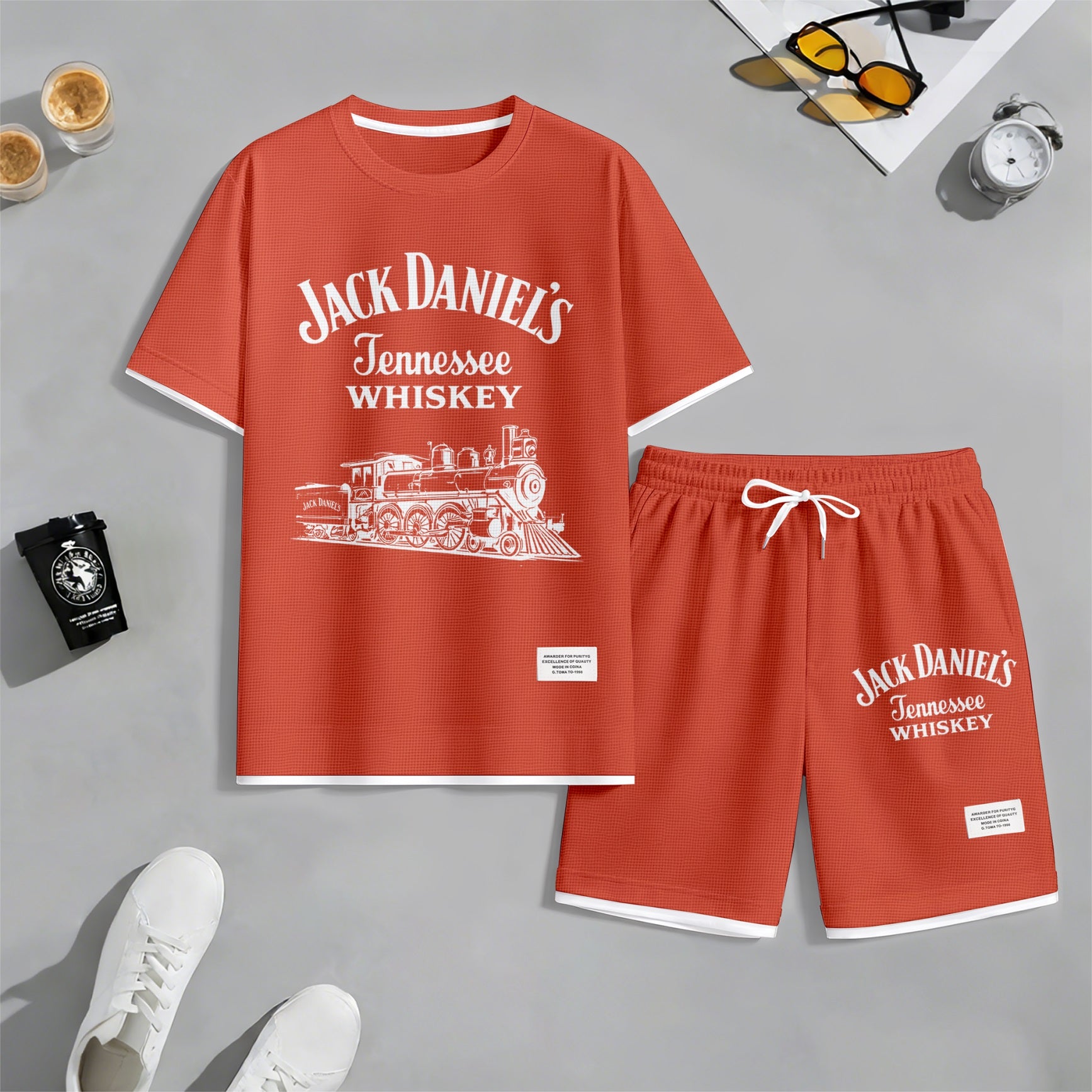 Men's Beer Print Drawstring Shorts Set, Suitable For Spring And Summer Wear, Casual Summer Set, Including Short-Sleeved Shirt And Shorts, Suitable For Everyday Wear And Sports.