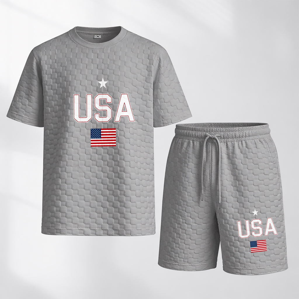 Men's Spring and Summer USA Letter Print with Flag Checkered Fabric Drawstring Shorts Set, Casual Summer Outfit with Short-Sleeved Shirt and Shorts, Ideal for Everyday Wear and Sports Activities