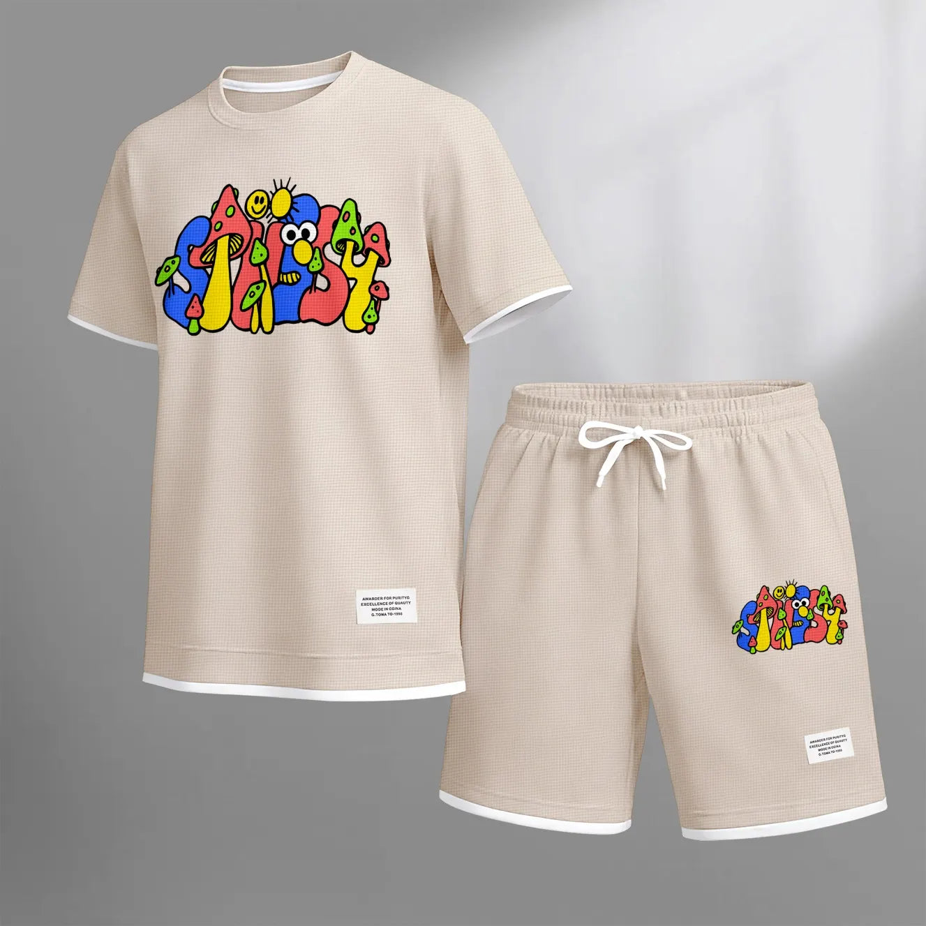 Men's Cartoon Mushroom Doodle Print Waffle Fabric Short-Sleeved Shirt And Shorts Set