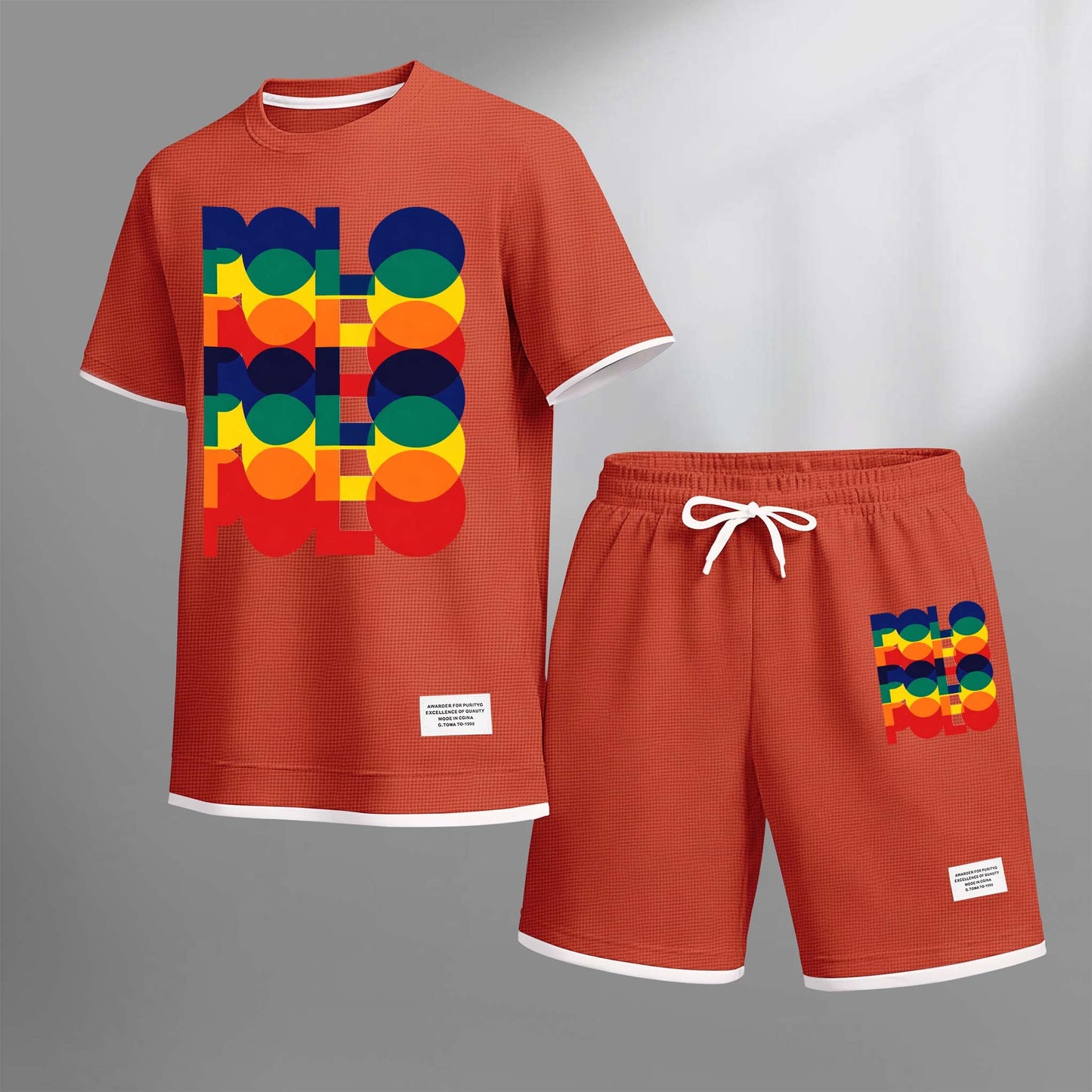 Men's Polo Print Drawstring Shorts Set For Spring/Summer. A Casual Summer Outfit, Including A Short-Sleeved Shirt And Shorts, Suitable For Everyday Wear And Sports. A Two-Piece Set For A Relaxed And Energetic Lifestyle.