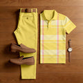 Men's Casual Printed Fluorescent Yellow Polo Shirt And Pants Two-Piece Set