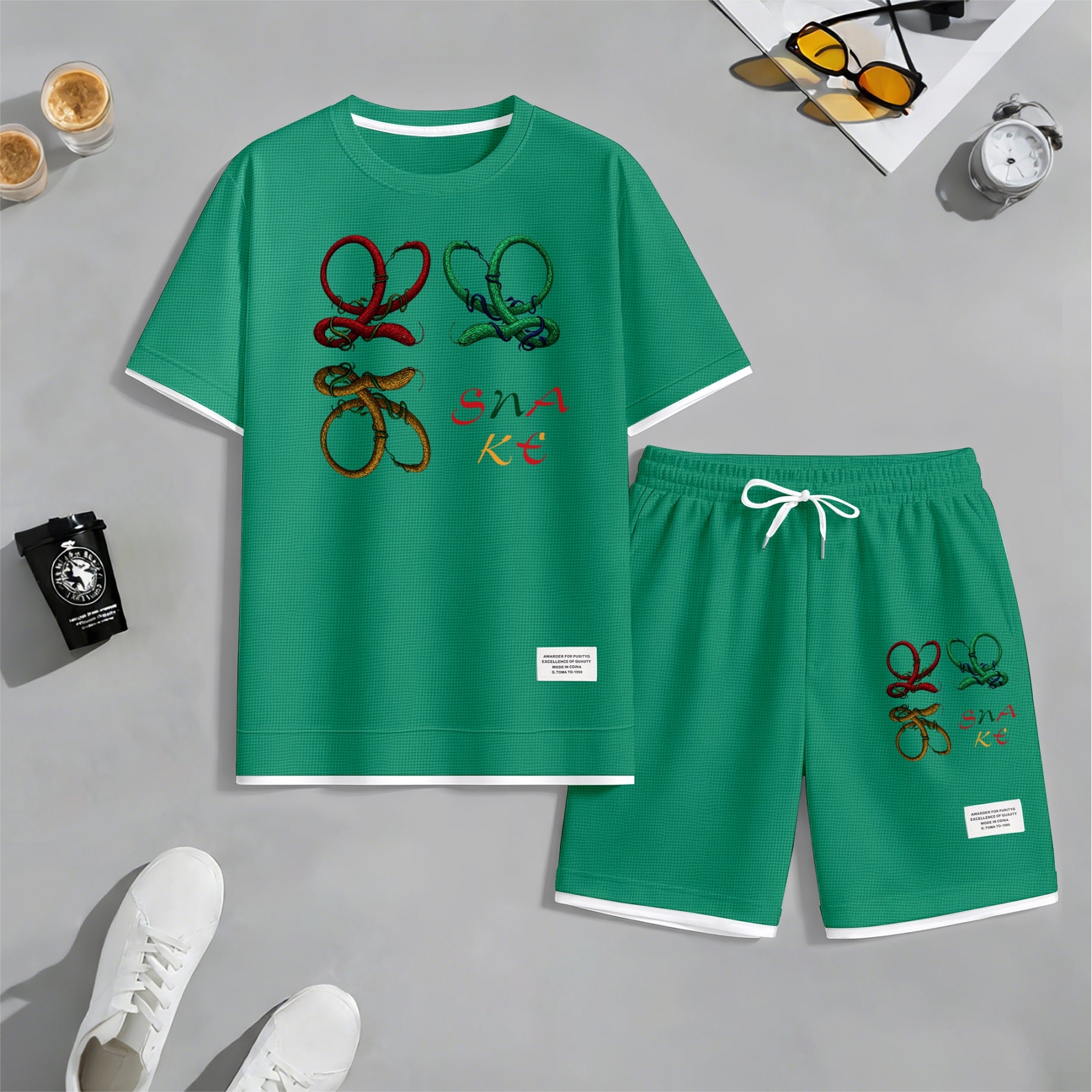 Men's Colorful Snake Shaped Letter Graphic Print Waffle Short Sleeve T-Shirt & Shorts Set, Summer Lightweight Casual Sporty Two-Piece Outfit, Streetwear for Gym & Daily Wear