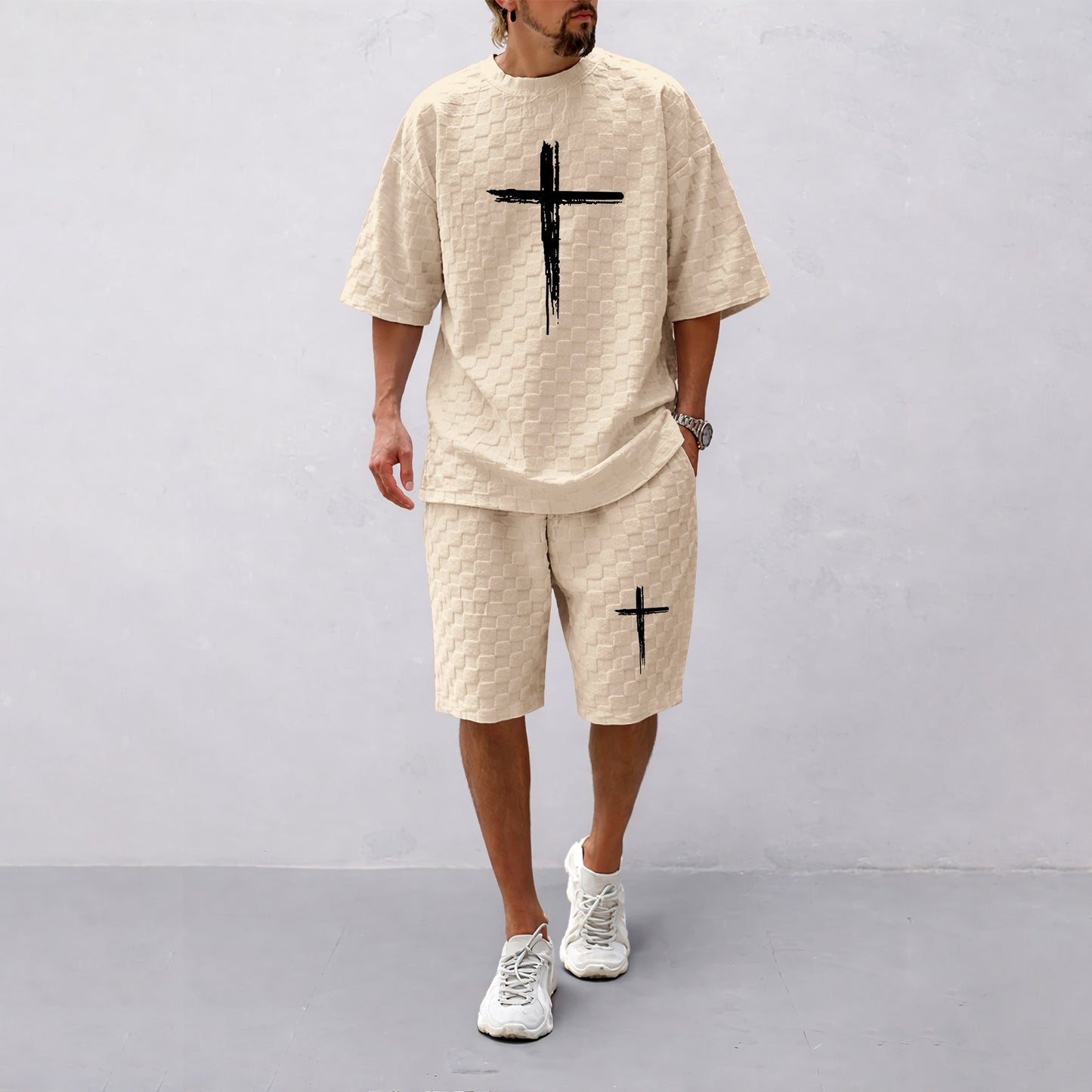 Men's Spring and Summer Cross Print Checkered Fabric Drawstring Shorts Set, Casual Summer Outfit with Short-Sleeved Shirt and Shorts, Ideal for Everyday Wear and Sports Activities