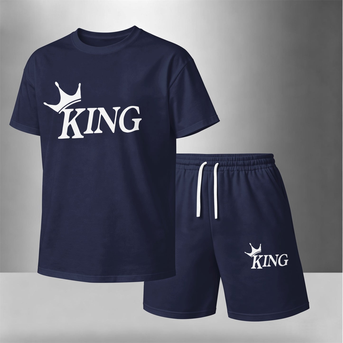Men’s Summer 2 Piece Set, KING Crown Print Short Sleeve T Shirt and Drawstring Shorts Matching Outfit, Lightweight Breathable Casual Set for Beach, Vacation, Gym, Travel, Running, and Daily Wear