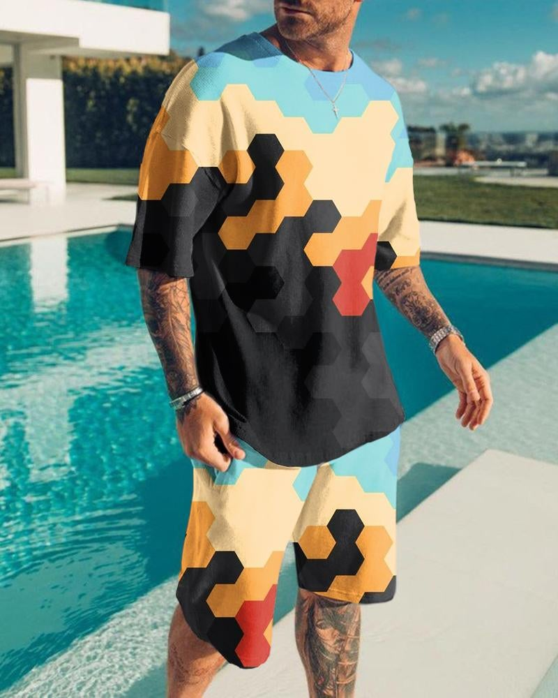 Suitmens Men's Fashion Colorblock Print Shorts Set 018