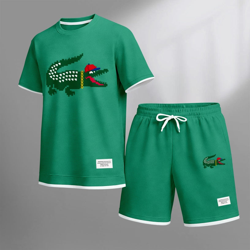 Men's Hip-Hop Crocodile Print Waffle Fabric Short-Sleeved Shirt And Shorts Set