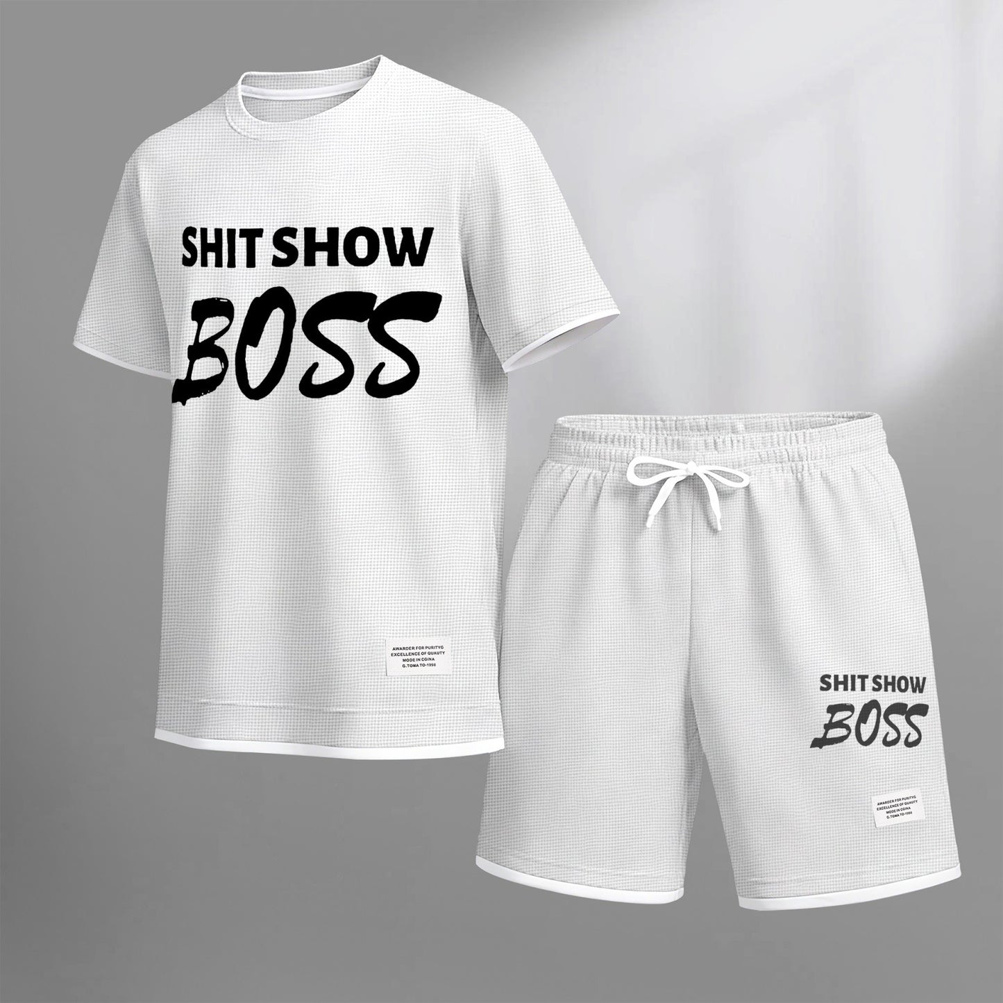 Men's Boss print drawstring shorts set for spring/summer, a casual summer outfit including a short-sleeved shirt and shorts, suitable for everyday wear and sports. A two-piece set for a relaxed and energetic lifestyle.