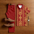 Men's Casual Red & Gold Color Matching Retro Baroque Style Printed Short Sleeved Polo Shirt & Trousers Two-Piece Set