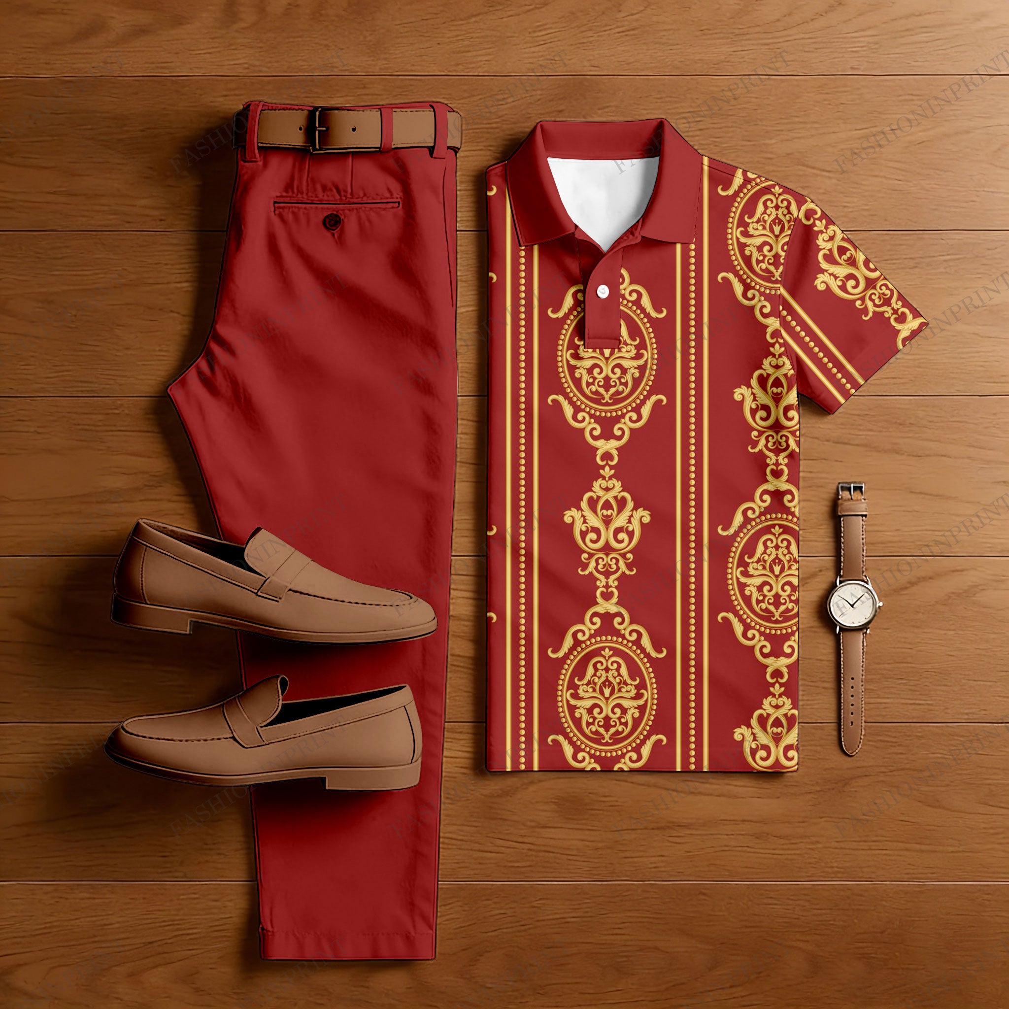 Men's Casual Red & Gold Color Matching Retro Baroque Style Printed Short Sleeved Polo Shirt & Trousers Two-Piece Set