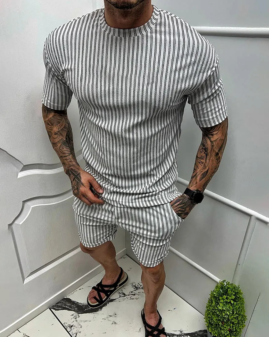 Men's vertical stripe short sleeve two piece suit