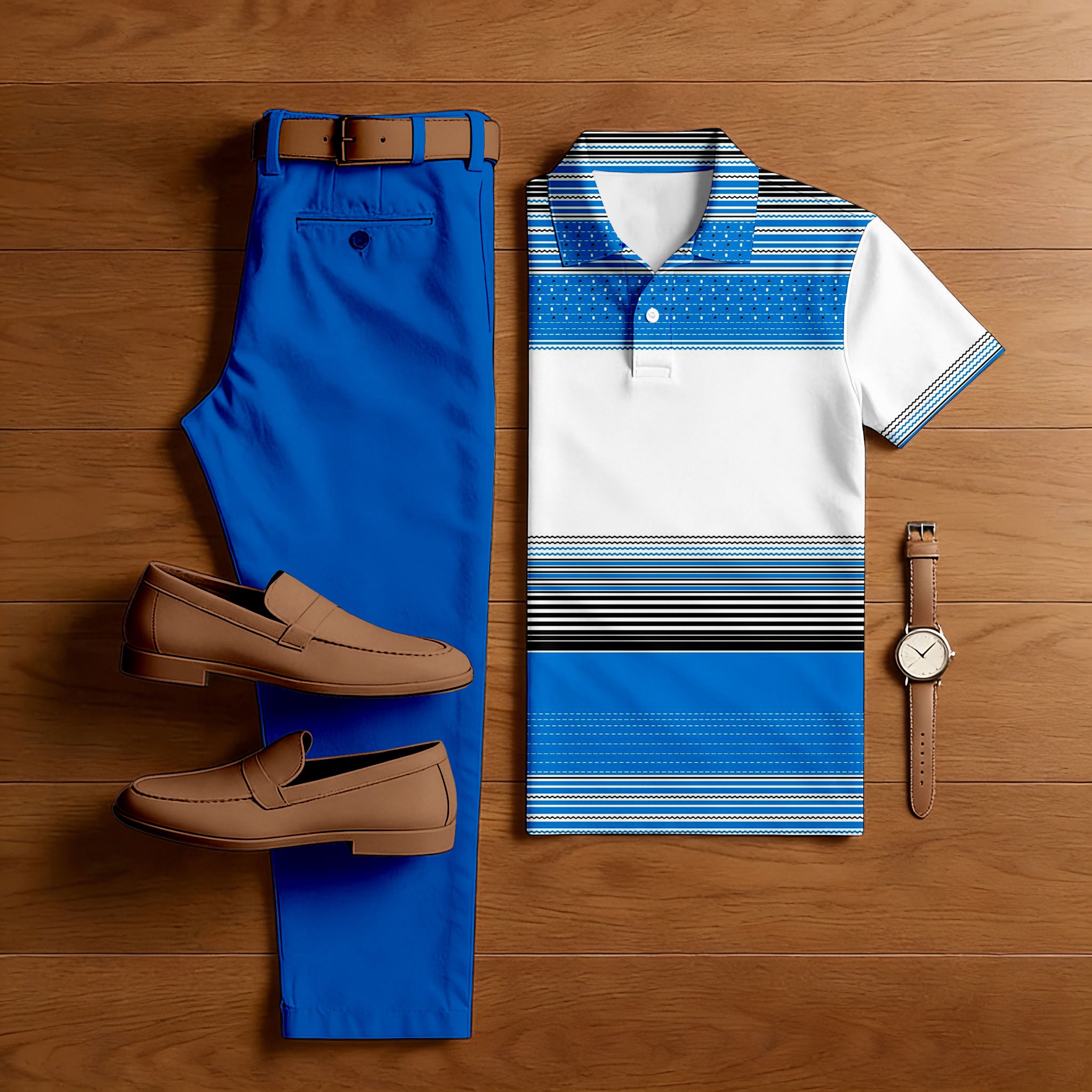 Men's Casual Blue & White Color Matching Striped Printed Short Sleeved Polo Shirt & Trousers Two-Piece Set
