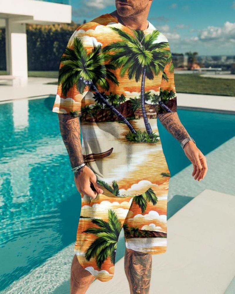 Men's Hawaiian Print Shorts Set 443