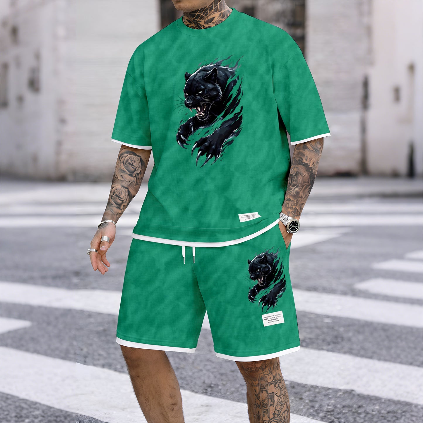 Men's Black Panther Graphic Print Waffle Short Sleeve T-Shirt & Shorts Set, Summer Lightweight Sporty Casual Two-Piece Outfit, Streetwear for Gym & Daily Wear