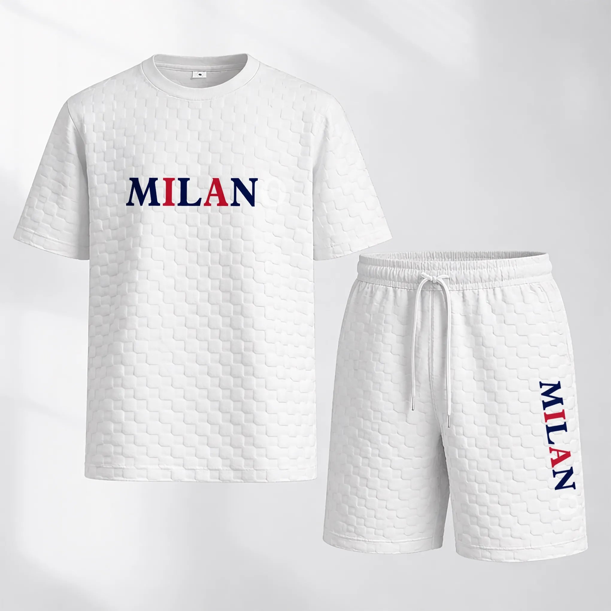 Men's Spring and Summer 'MILANO' Letter Print Checkered Fabric Drawstring Shorts Set, Casual Summer Outfit with Short-Sleeved Shirt and Shorts, Ideal for Everyday Wear and Sports Activities