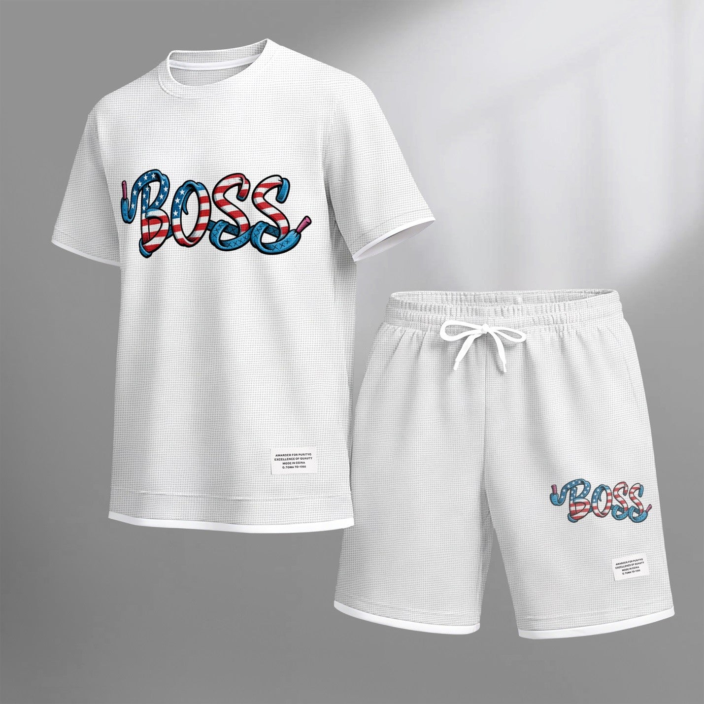Men's Boss print drawstring shorts set for spring/summer, a casual summer outfit including a short-sleeved shirt and shorts, suitable for everyday wear and sports. A two-piece set for a relaxed and energetic lifestyle.